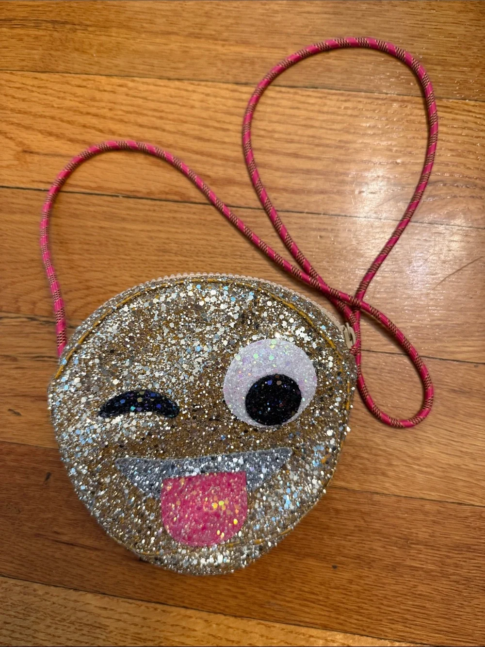 Crewcuts Glitter Emoji Crossbody Bag in Gold with Pink Strap